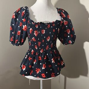 Kate Spade Red Puff Sleeve Smocked Blouse